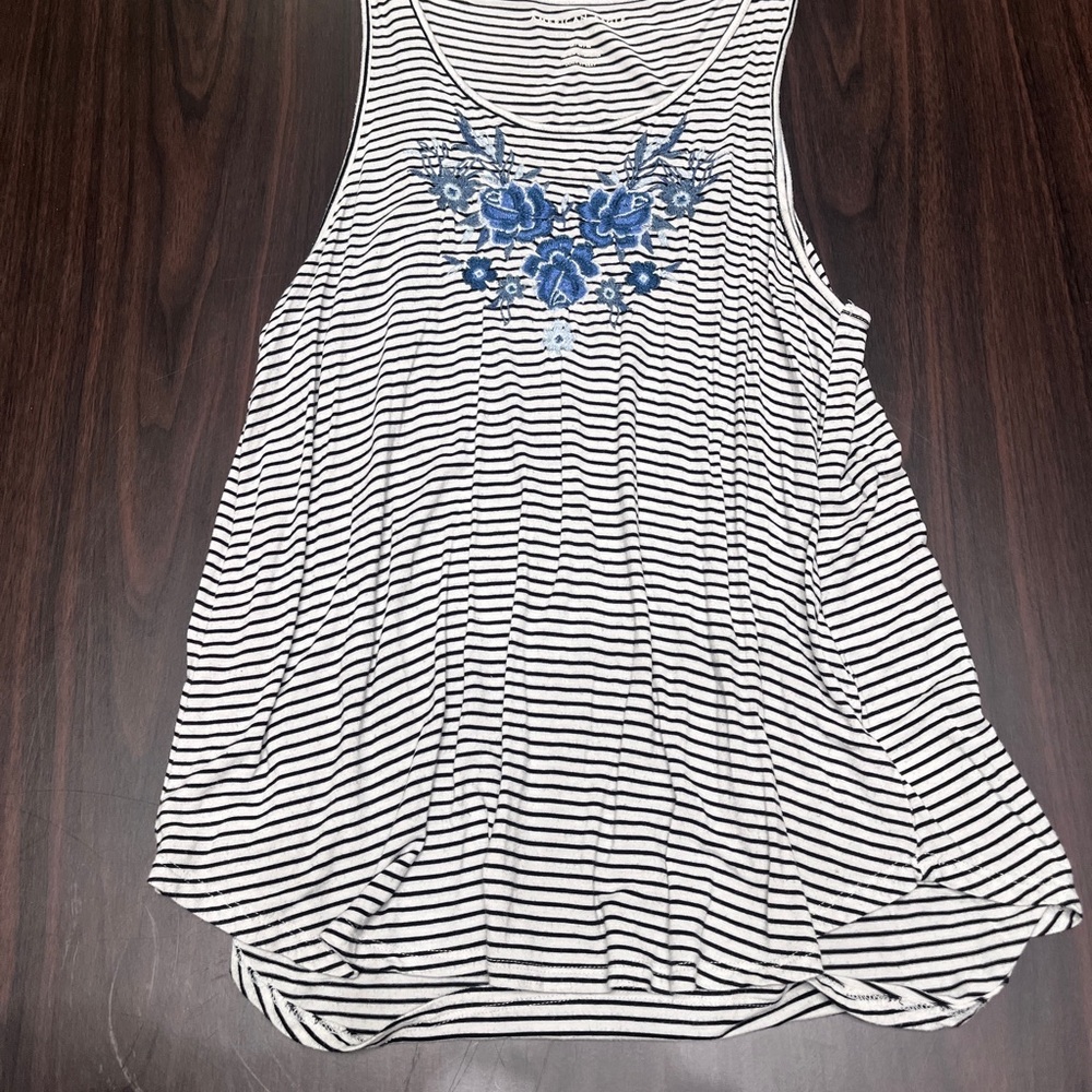 American Eagle Striped Tank with Blue Embroidered Floral Accent